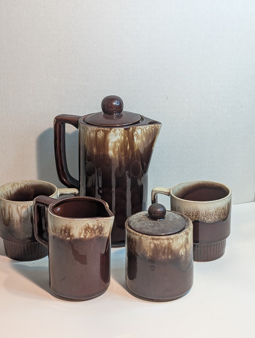 Brown Drip Pottery Tea Pot, Cups And C & S Set Japan Brown Drip Glaze MCM